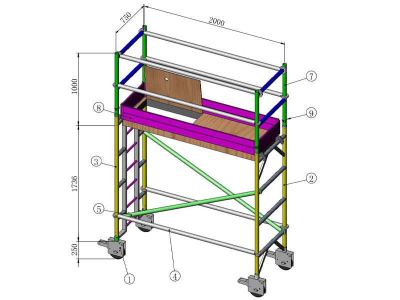 Aluminum scaffolding for construction in railway and subway tunnels