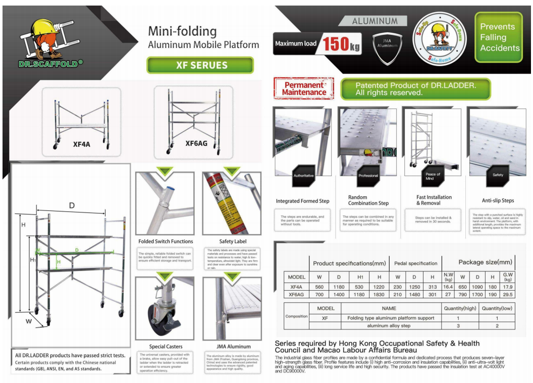 Portable Scaffold, Aluminum, 3 ft 8 in Platform Height, 6 ft Overall Height, 500 lb Load Capacity